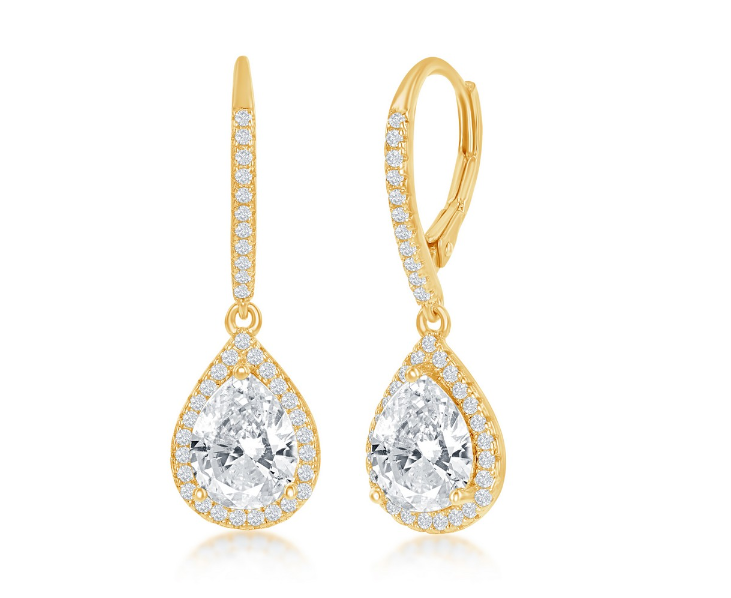 Sterling Silver Pear Shaped Halo CZ Dangling Earrings