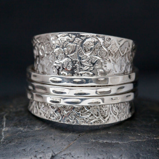 SSR001| Sterling Silver Etched w/ 3 Hammered Bands
