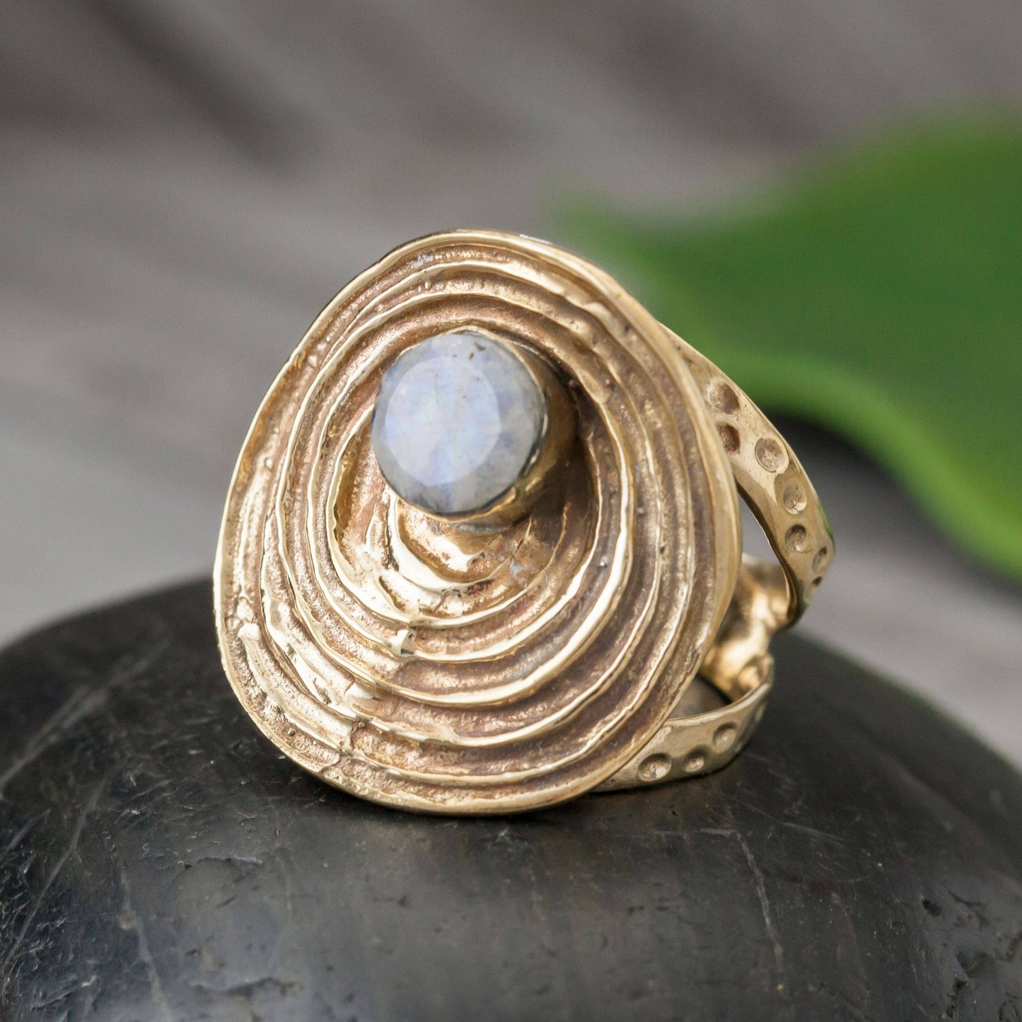 BR025 Moonstone Brass Labyrinth Ring