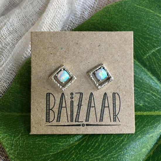 SSE040| Geometric Sterling & Opal Stud Earrings