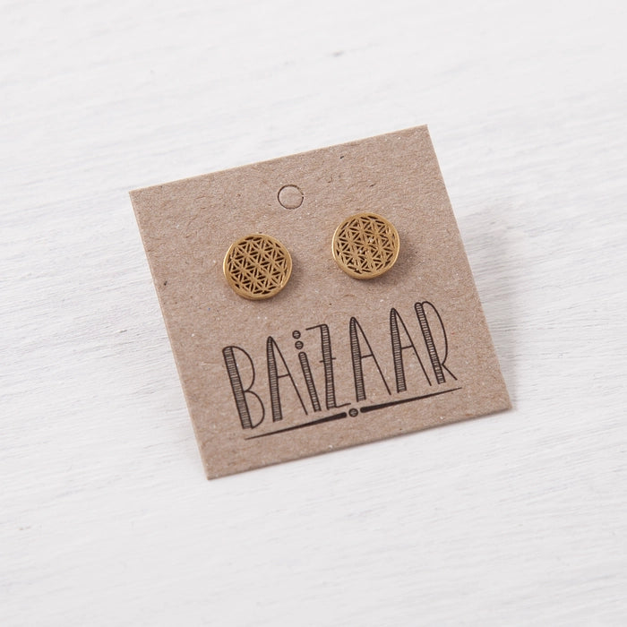 BS012| Brass Flower of Life Stud Earring w/ Sterling Wire & Back