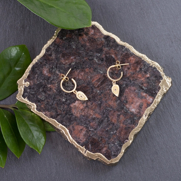 BE146| Brass Hoop Petal Drop Earring w/ Crystal