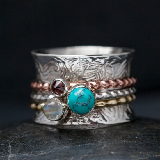 SSR003-10| 3 Stone, Tri-Metal Sterling Silver Spinner Ring