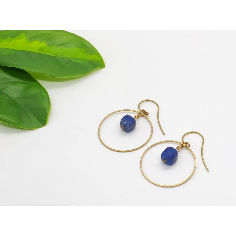 Brass Hoop w/ Rough Cut Lapis Stone Earrings | BSE042|
