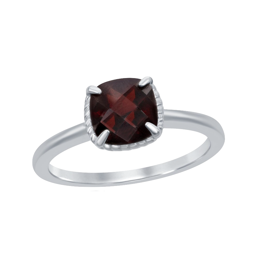 Sterling Silver Four-Prong Square Rope Design Ring - Garnet