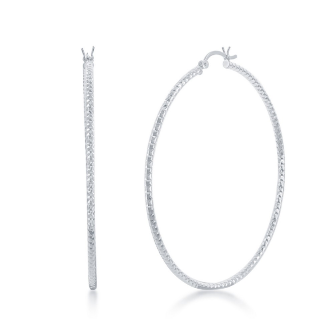 Sterling Silver 2MM x 60MM Diamond Cut Hoop Earrings
