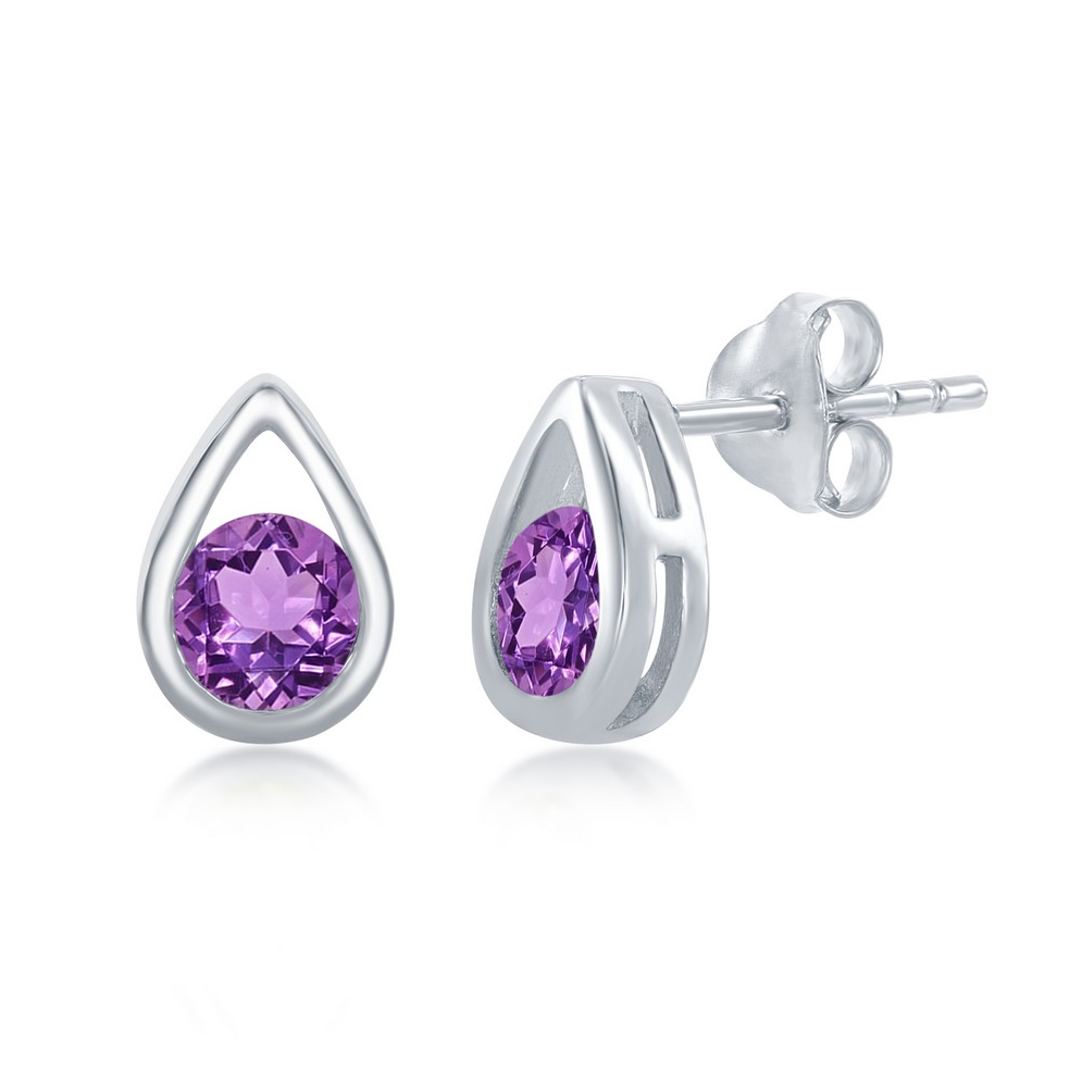 Sterling Silver Open Pearshaped Round Amethyst Stud Earrings