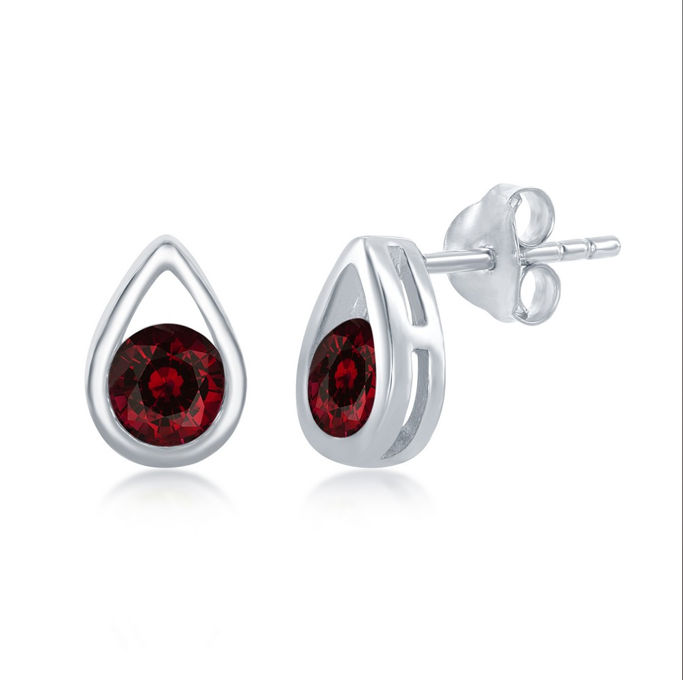 Sterling Silver Open Pearshaped Round Garnet Stud Earrings