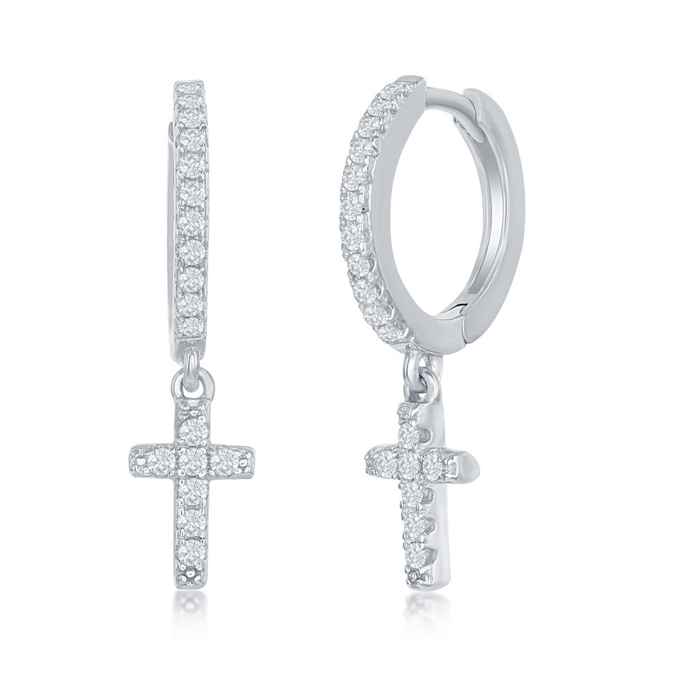 Sterling Silver Small Huggie Hoop CZ Cross Earrings