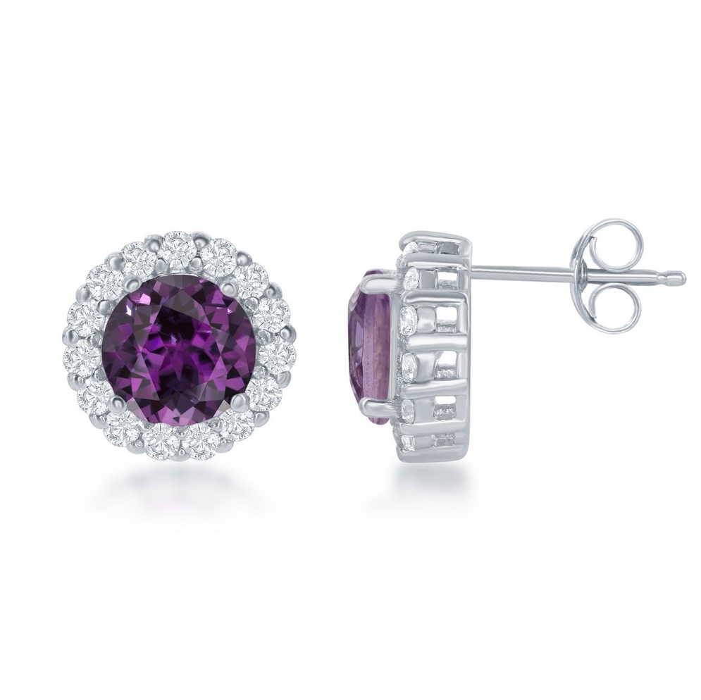Sterling Silver Round Center Amethyst w/ White Topaz Large Stud Earrings
