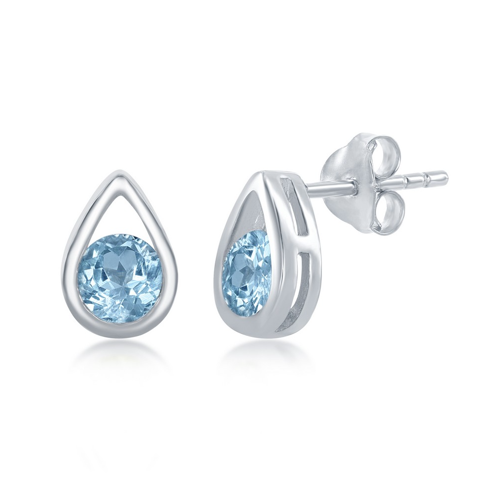 Sterling Silver Open Pearshaped Round Blue Topaz Stud Earrings