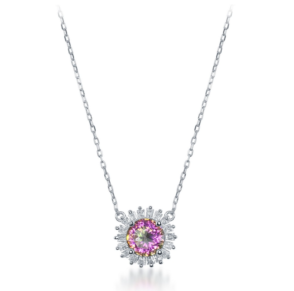 Sterling Silver Small Round Rainbow CZ w/ CZ Border Necklace
