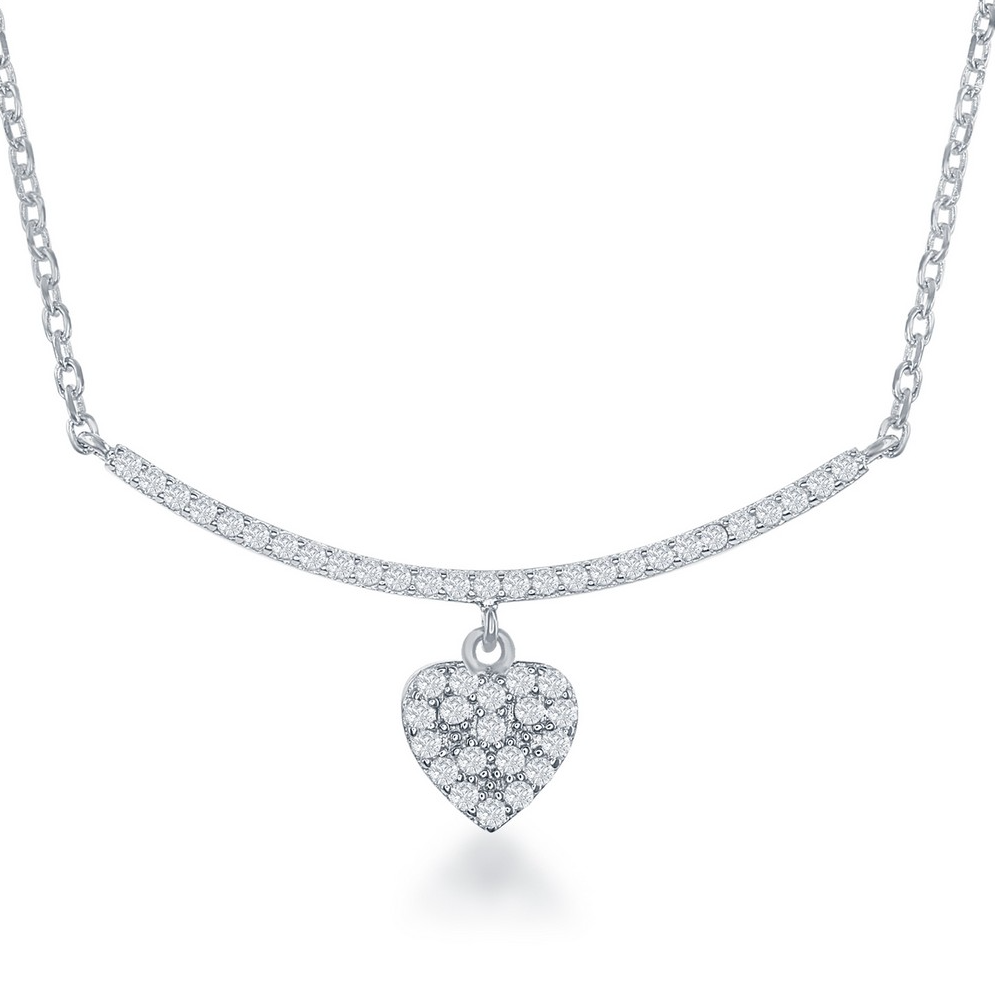 Sterling Silver CZ Curved Bar w/ Dangling Heart Necklace