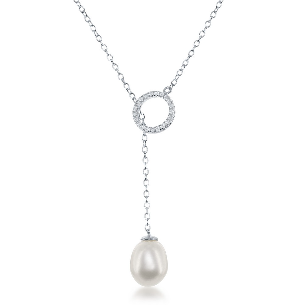 Sterling Silver CZ Circle w/ Teardrop Freshwater Pearl Adjustable Bolo Necklace