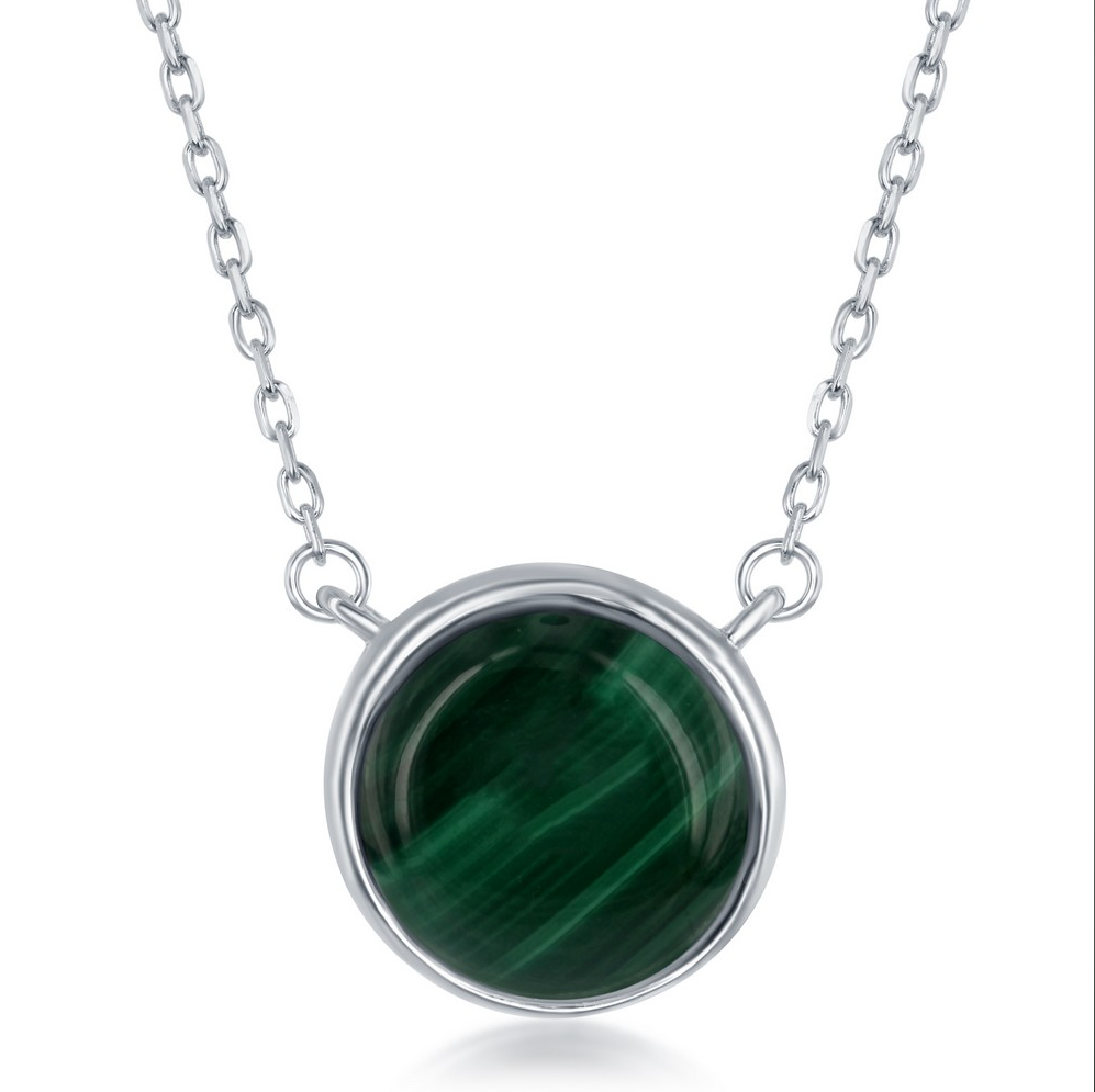 Sterling Silver Round Malachite Bezel Set Necklace