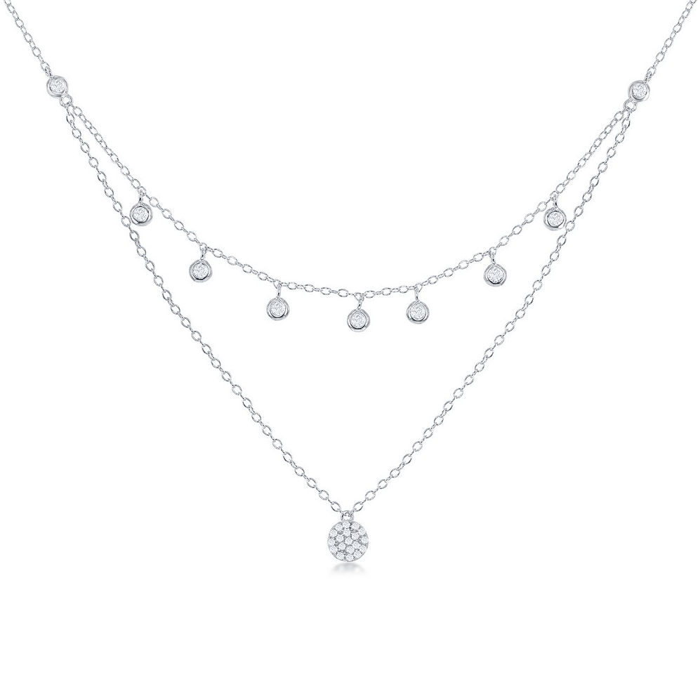 Sterling Silver Double Strand w/ Micro Pave Disc Necklace | M-5833