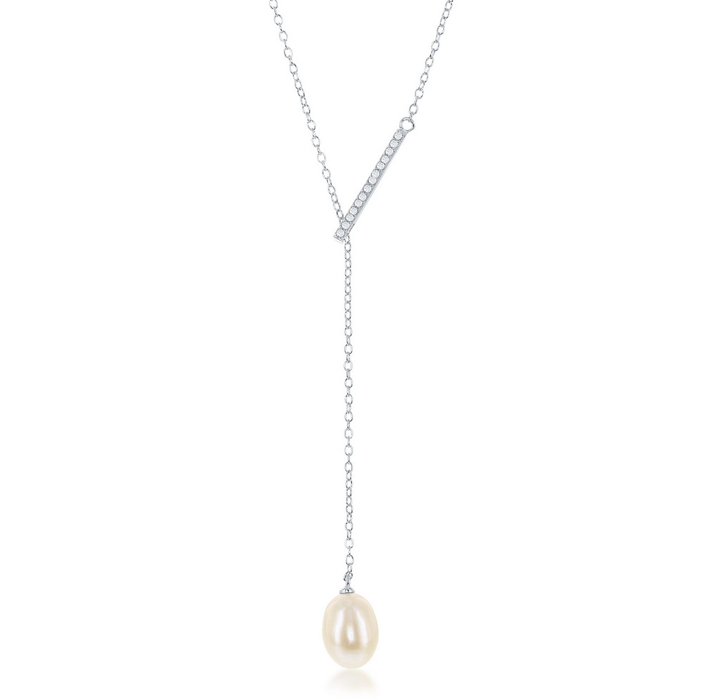 Sterling Silver CZ Bar w/ Hanging FWP Lariat 'Y' Necklace