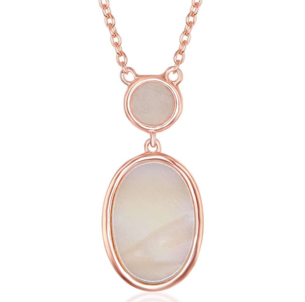 Sterling Silver Rose Gold Plated Bezel-set Rose Quartz & Oval Pink Mother of Pearl Necklace