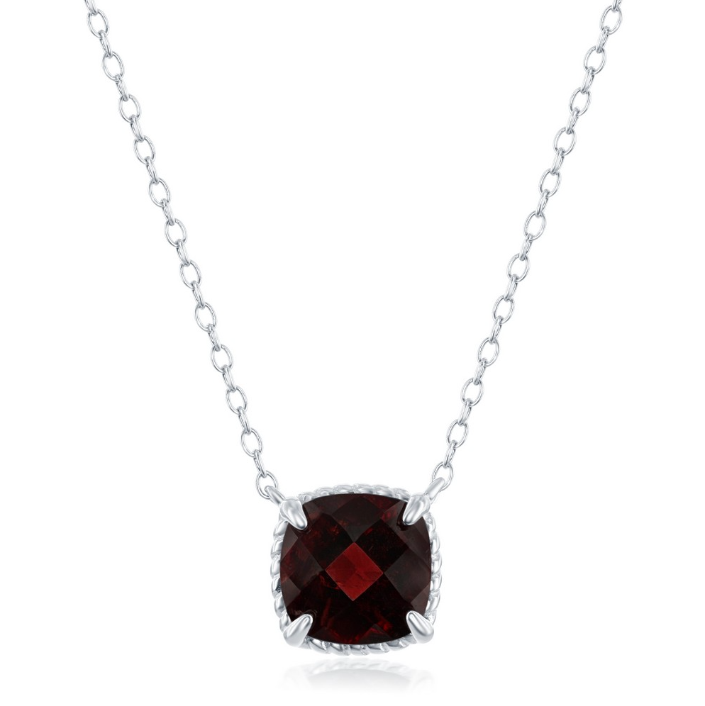 Sterling Silver Four-Prong Square Garnet w/ Rope Design Border Necklace