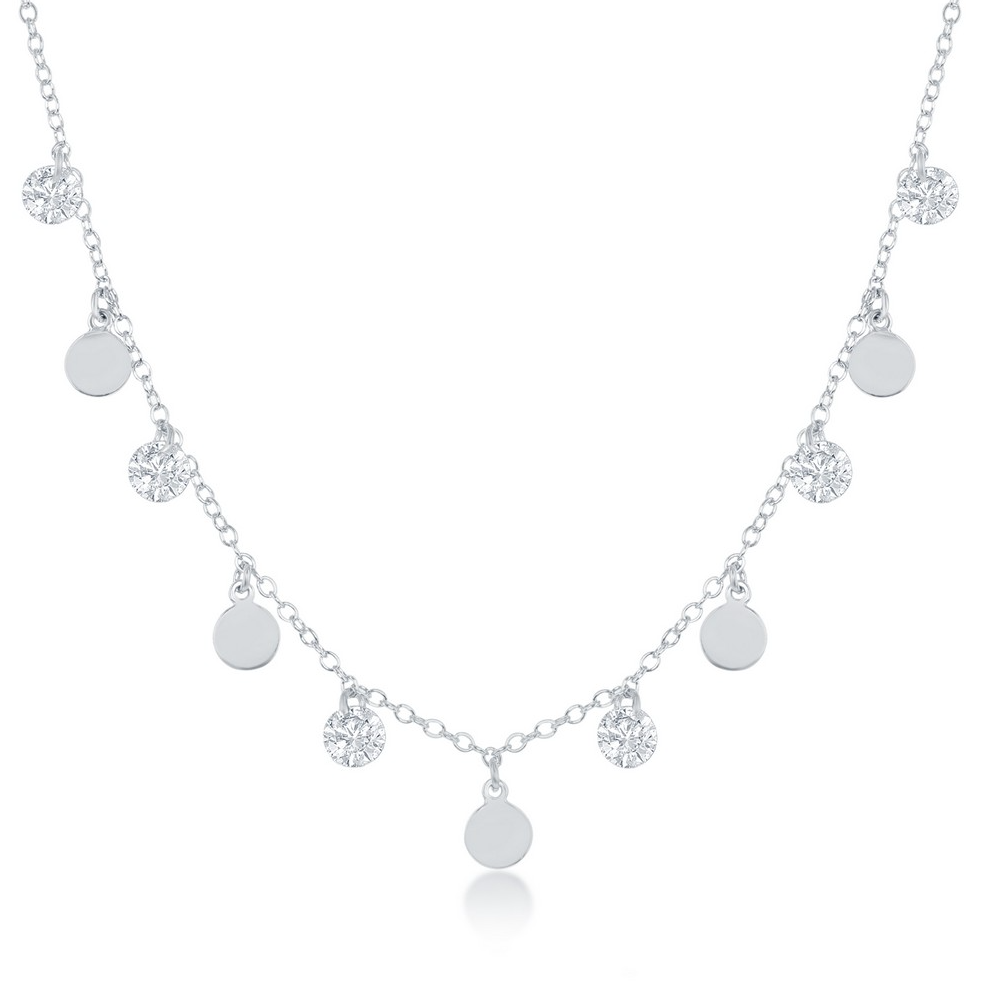 Sterling Silver Dangling CZ's & Discs Necklace