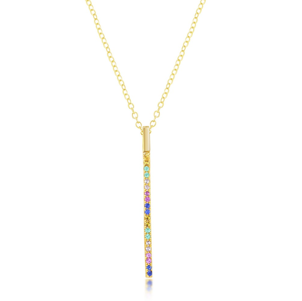 Sterling Silver Rainbow CZ Vertical Bar Necklace - Gold Plated