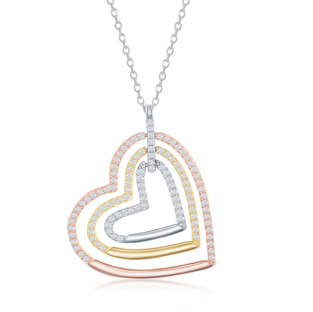 Sterling Silver Triple Open CZ Heart Neckalce - Tri Color