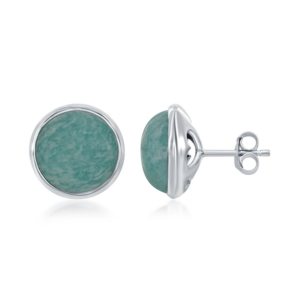 Sterling Silver Round African Amazonite Bezel Set Stud Earrings