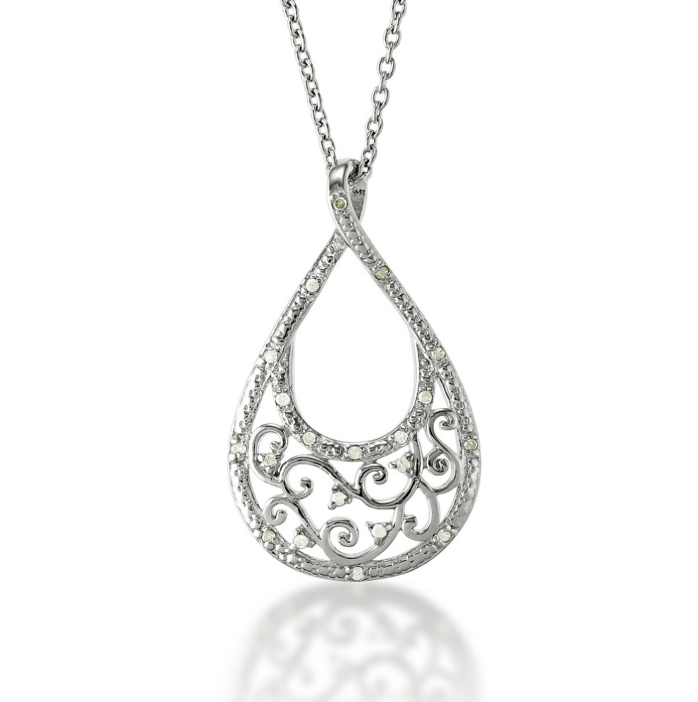 Sterling Silver Diamonds Open Teardrop Necklace