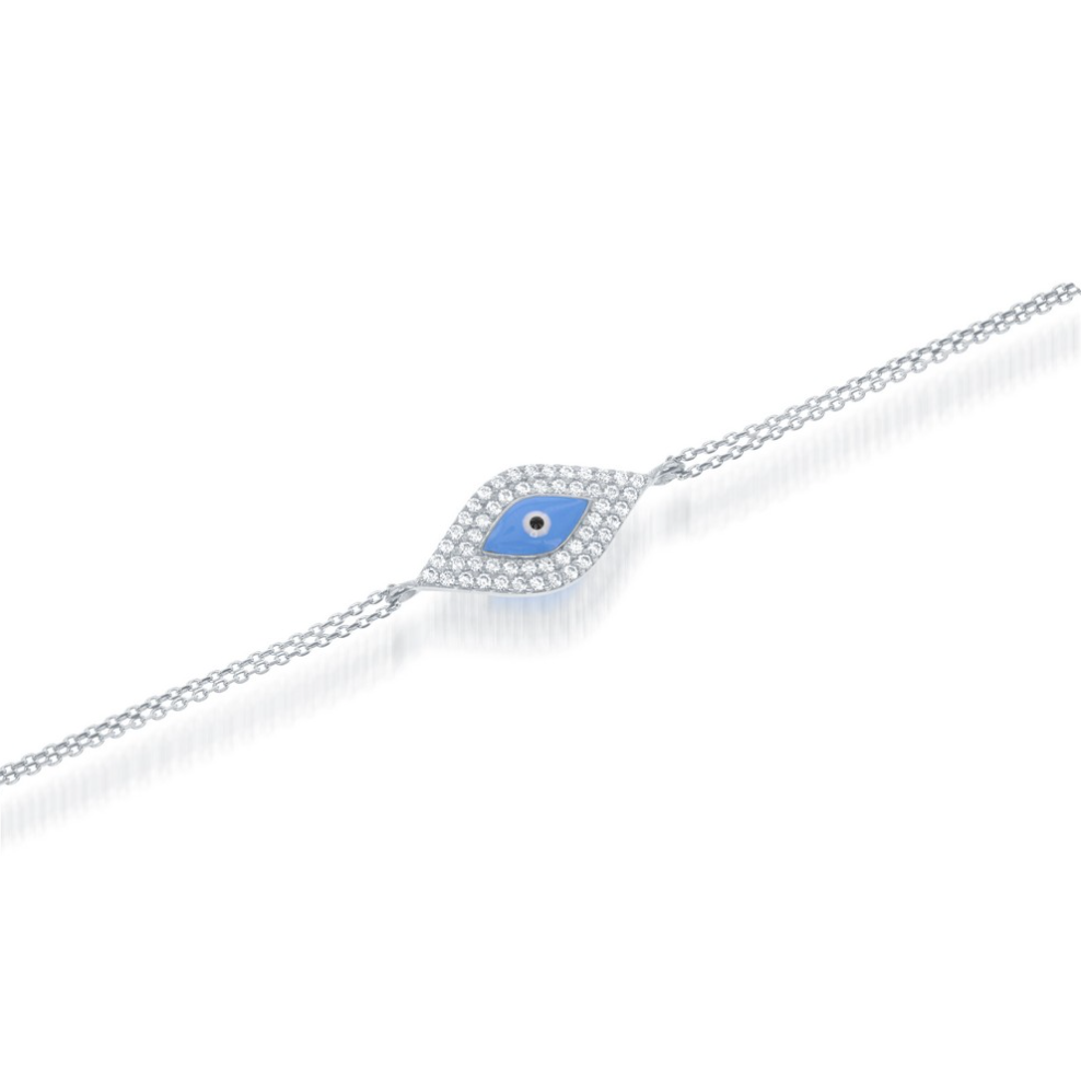Sterling Silver Double-Strand Turquoise Enamel & CZ Evil Eye Bracelet
