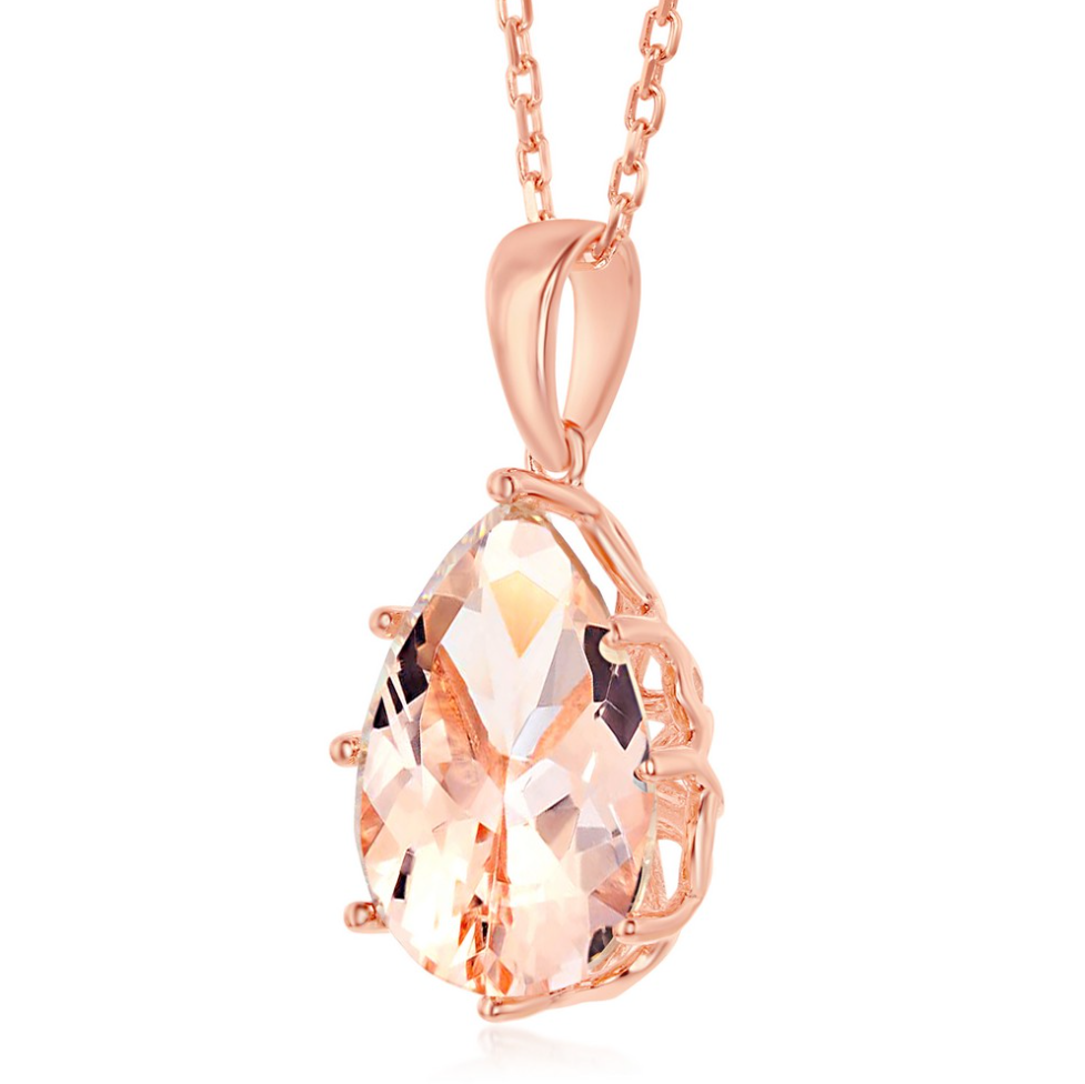 Sterling Silver 8-Prong Pear-Shaped Morganite CZ Pendant Rose Gold Plated