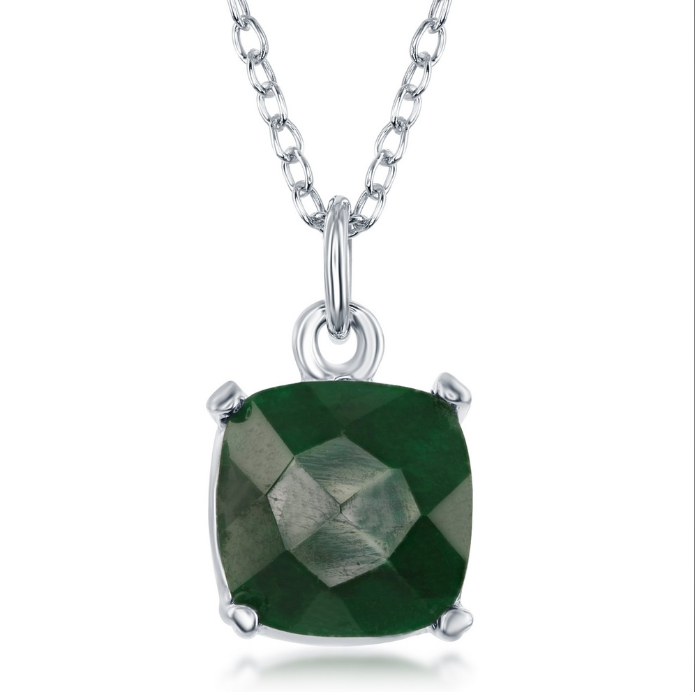 Sterling Silver 'May Birthstone' Square Necklace - Emerald