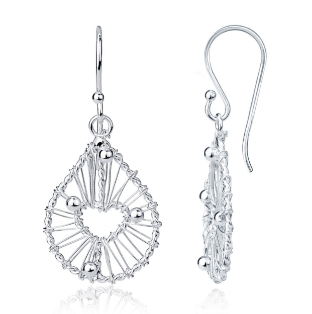 Sterling Silver Teardrop Shaped with Center Open Heart Earrings