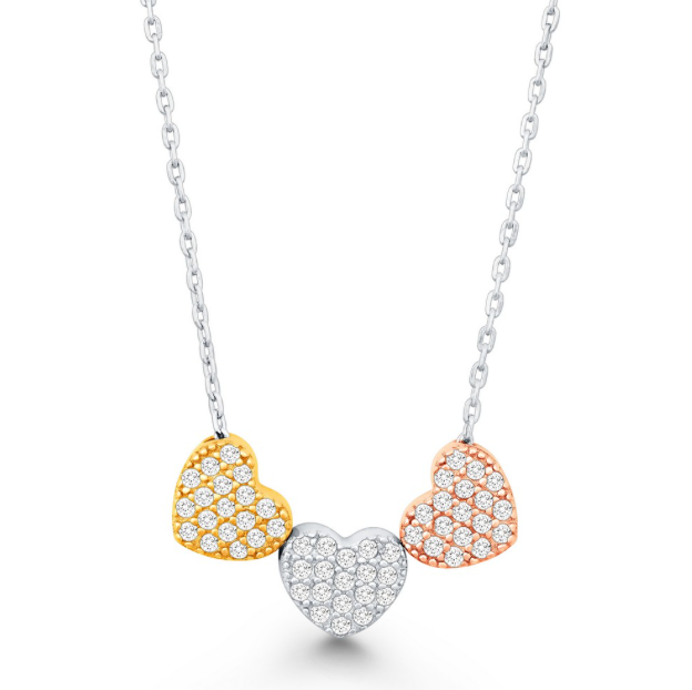 Sterling Silver Three Small Tri Color CZ Hearts Necklace