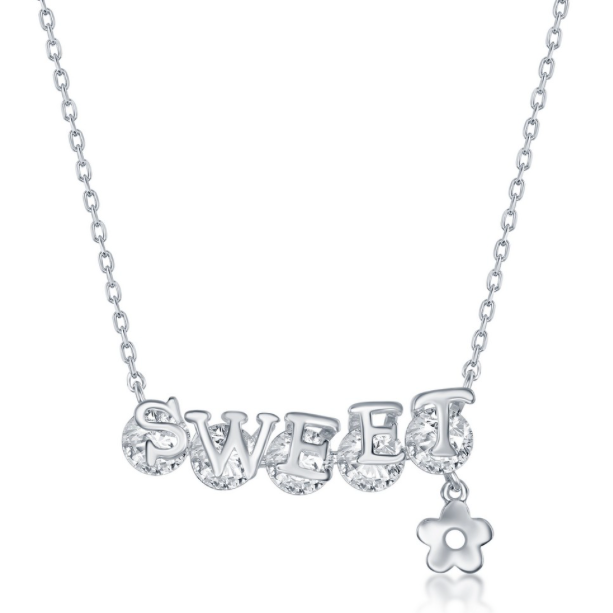 Sterling Silver 'SWEET' CZ Flower Charm Necklace