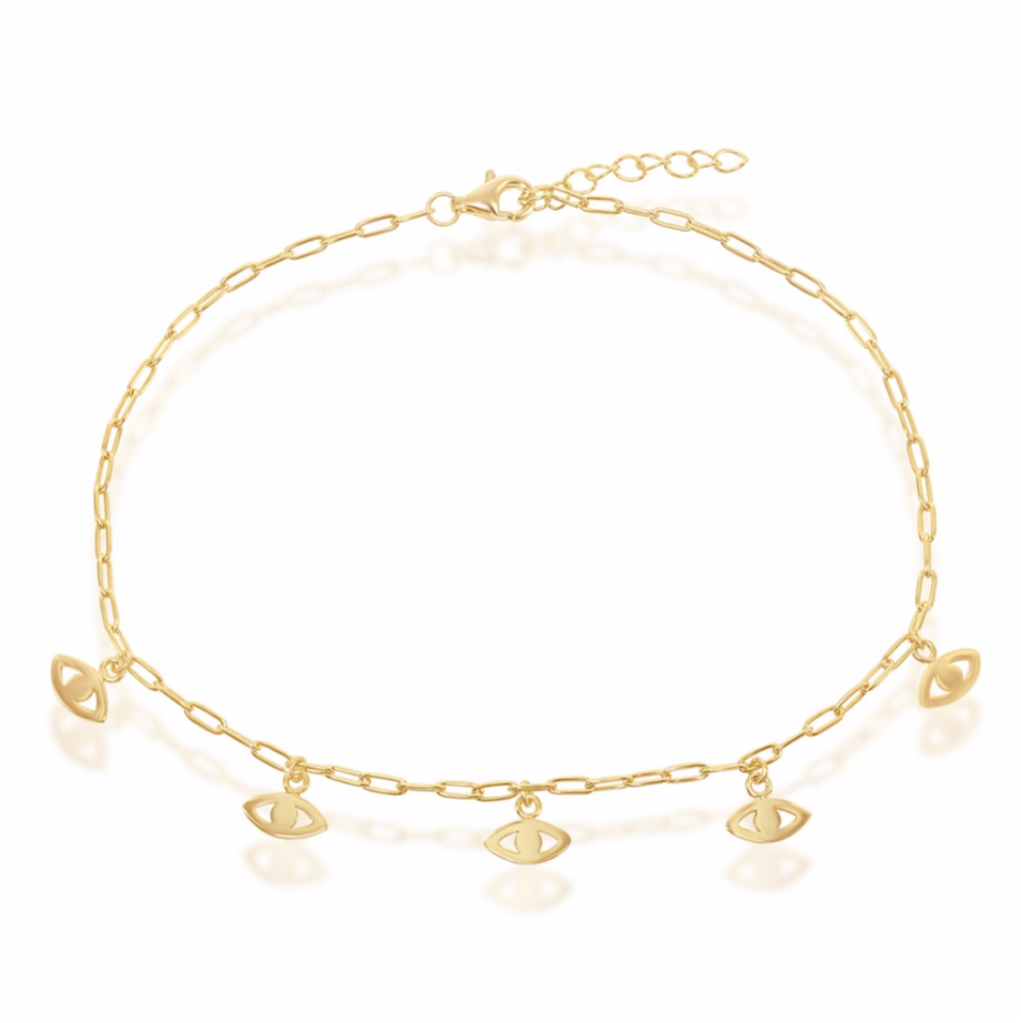 Sterling Silver Evil Eye Charms Paperclip Anklet - Gold Plated