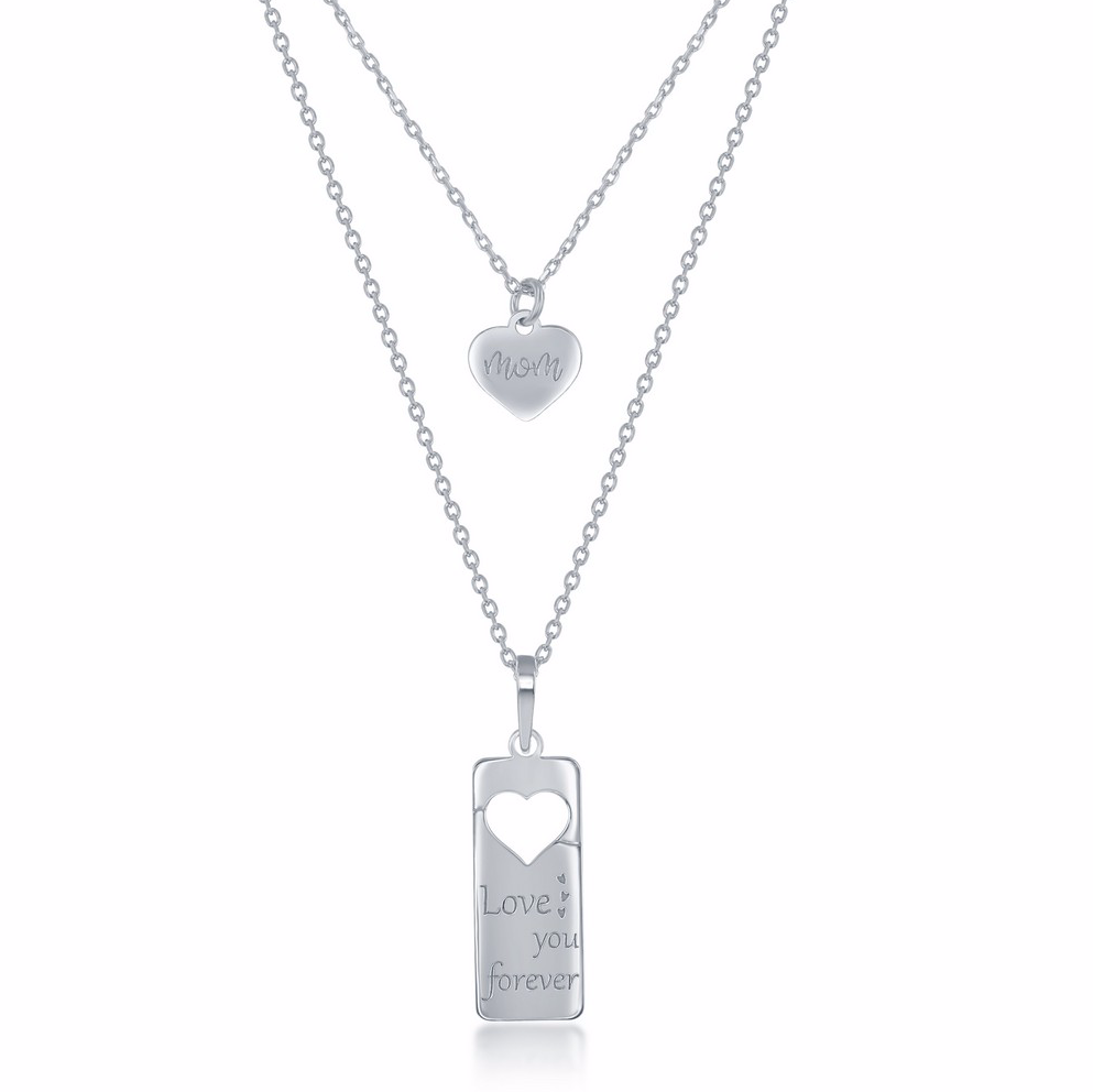 Sterling Silver 2PC Tag Heart Necklace Set - 16+2" 'Love You Forever' Tag & 14+2" 'Mom" Heart