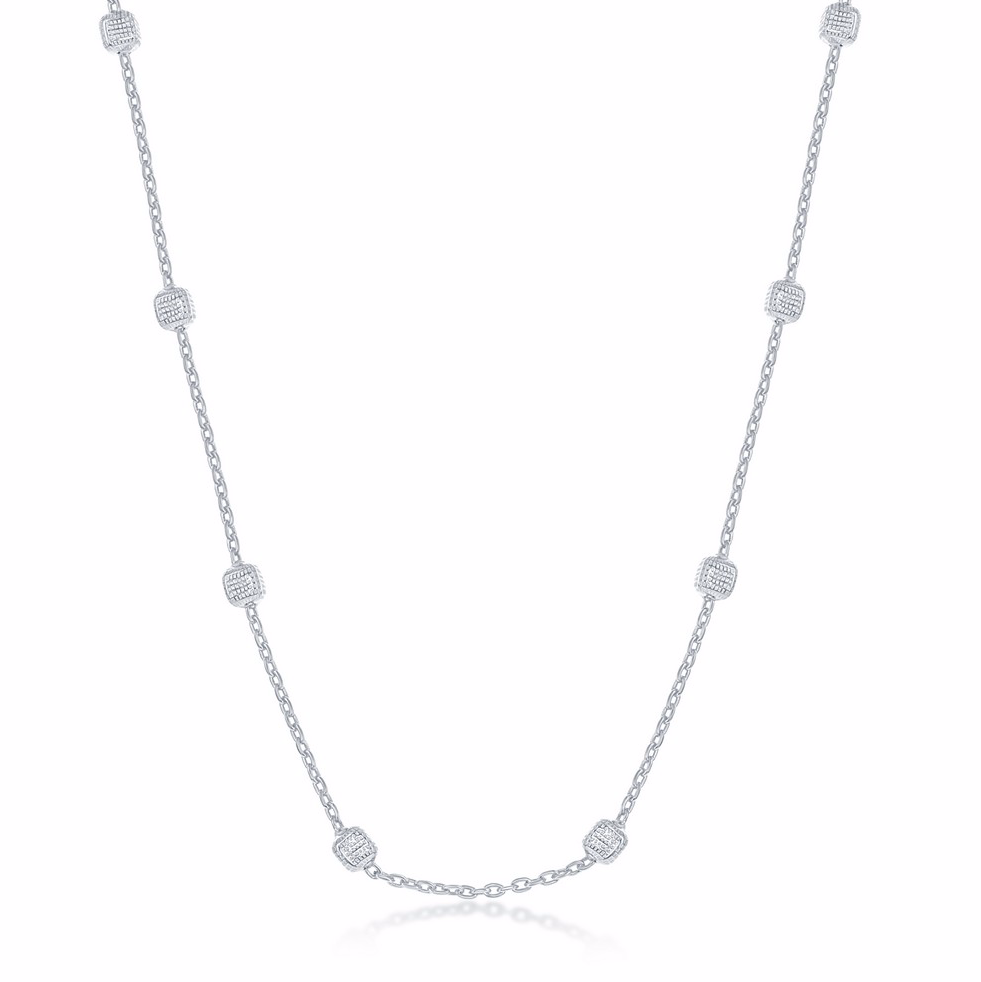 Sterling Silver Grid Square Beaded Chain - Rhodium Plated