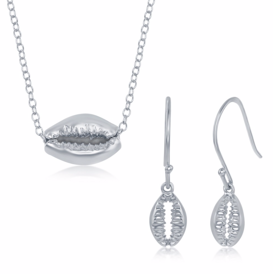 Sterling Silver Cowrie Shell Necklace and Earrings Set