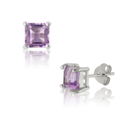 Sterling Silver 6mm Square Gem Studs - Amythest