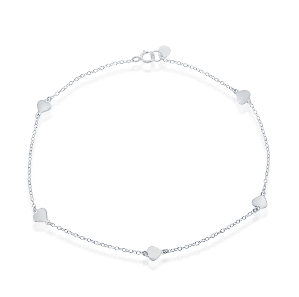 Sterling Silver Shiny Flat Heart Anklet