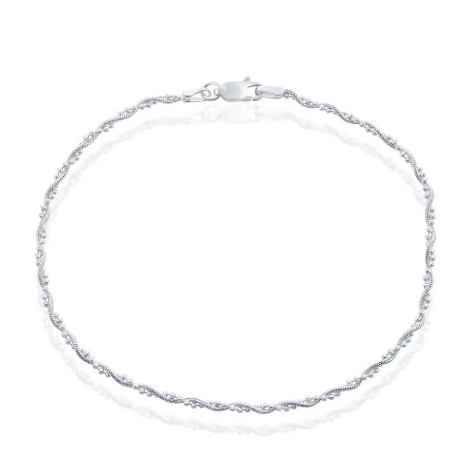 Sterling Silver 2.1mm Snake and Bead Anklet