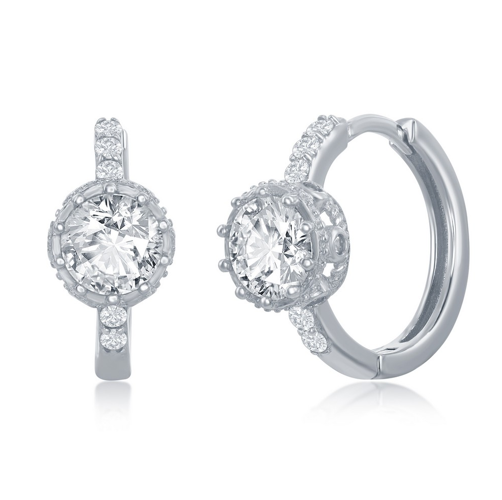 Sterling Silver Prong Crown Set CZ Huggie Hoop Earrings