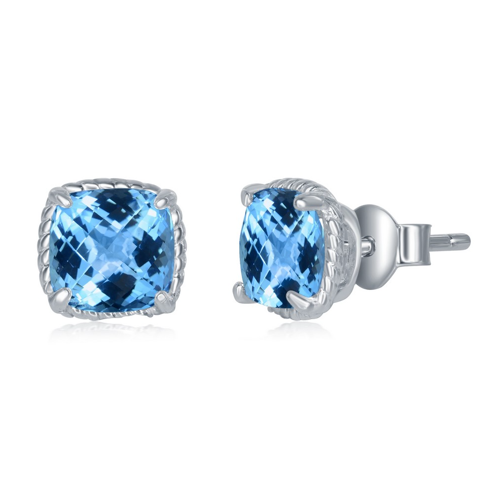 Sterling Silver 6MM Square GEM Cushion-Cut, Rope Detail Border, Stud Earrings