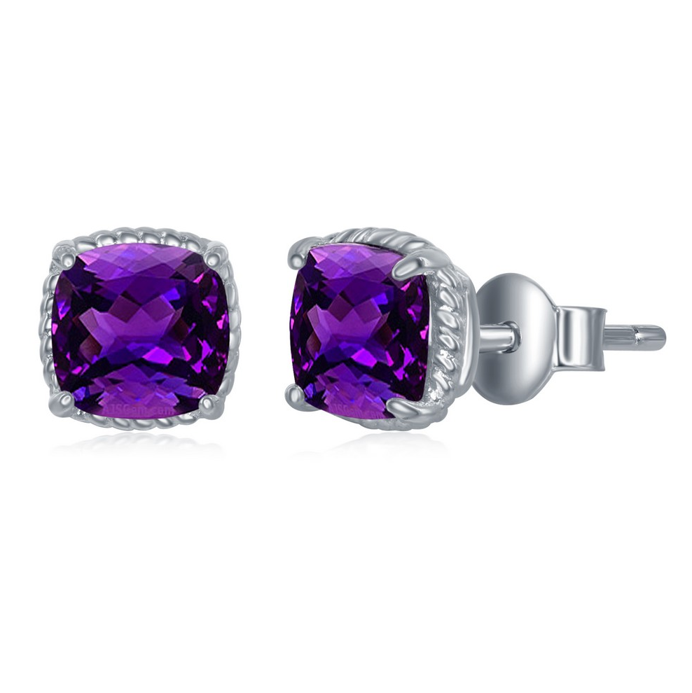Sterling Silver 6MM Square GEM Cushion-Cut, Rope Detail Border, Stud Earrings