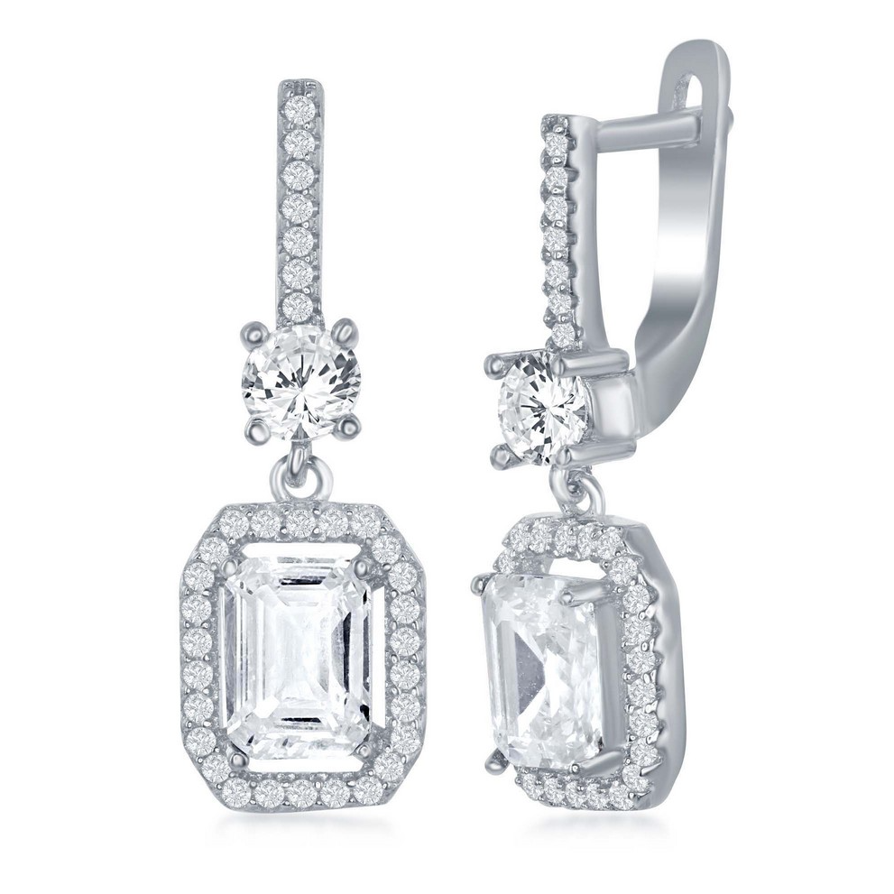 Sterling Silver Center Emerald-Cut CZ with CZ Border Earrings