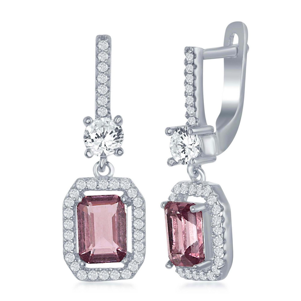 Sterling Silver Center Emerald-Cut CZ with CZ Border Earrings