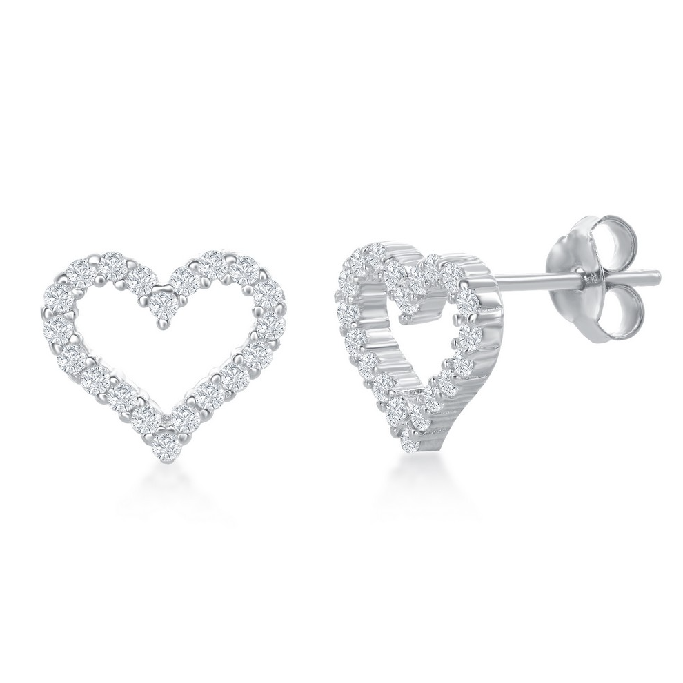 Sterling Silver Open Heart Cubic Zirconia Stud Earrings