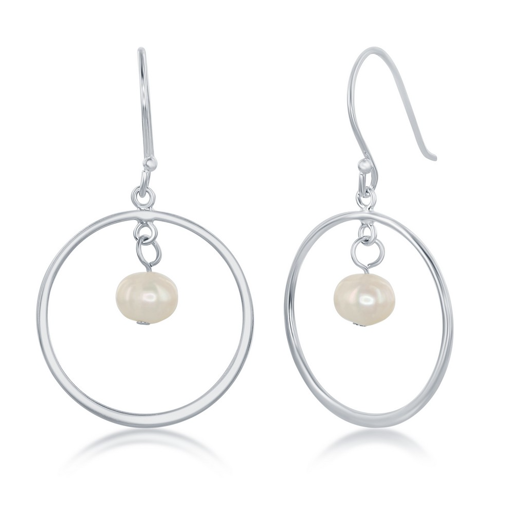 Sterling Silver Open Circle with Freshwater Pearl Earrings