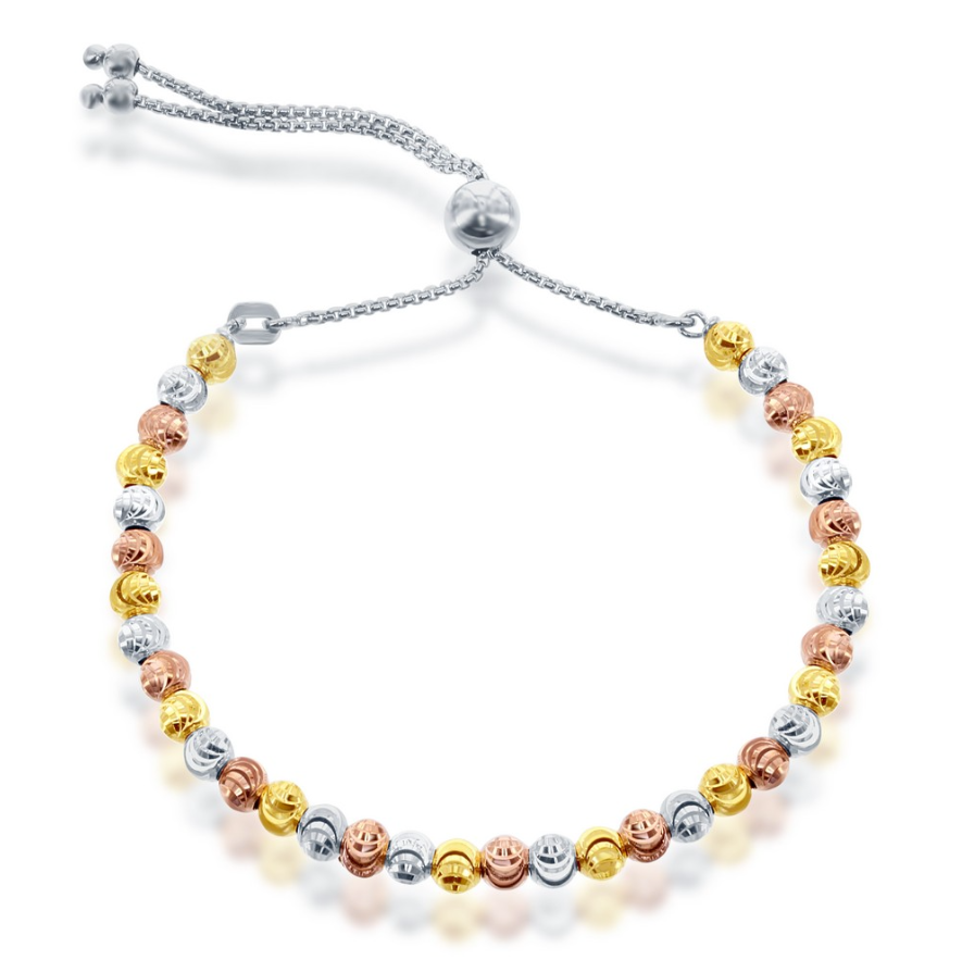 Sterling Silver Round Diamond-Cut Moon Bead Adjustable Bolo Bracelet - Tri Color/9.25"