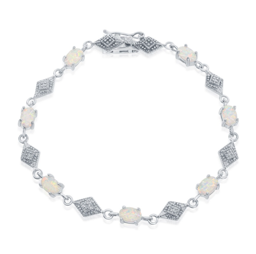 Sterling Silver Oval White Opal With Marquise Shape CZ Bracelet-7"